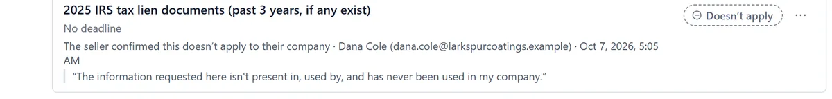 A request marked Doesn’t apply: the seller confirmed it doesn’t apply to their company, with the seller’s name, email and the time, and the quoted statement “The information requested here isn’t present in, used by, and has never been used in my company.”