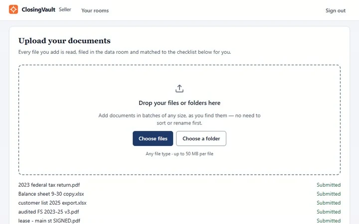 The seller’s upload page in ClosingVault: a drop zone for files or folders in batches of any size, and a just-added batch of files with names straight off a scanner or an export, each listed as Submitted.